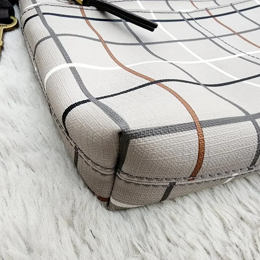 NEW Fossil Fiona Large Crossbody Bag Gray Beige Plaid Neutral Checkered Purse